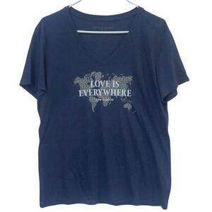 Life Is Good Cool Tee Womens Large Blue V-Neck T-Shirt “Love Is Everywhere” Flor
